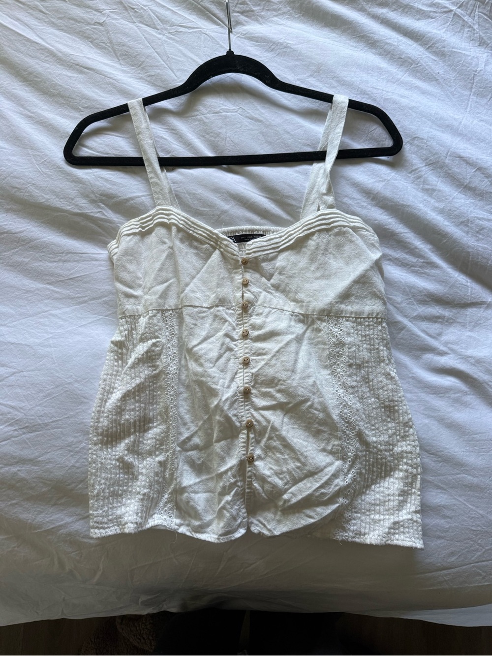 Zara Cream Button-Front Lace-Trim Tank